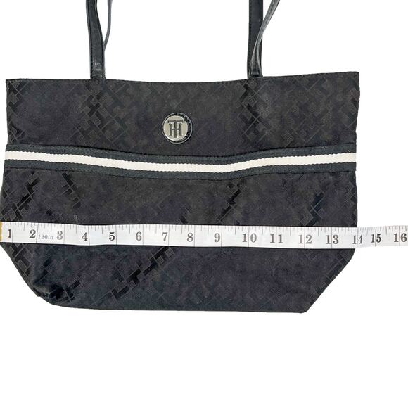 Tommy Hilfiger Tote Black Fabric Bag Allover Monogram Pockets Preppy Shopper - Picture 11 of 15
